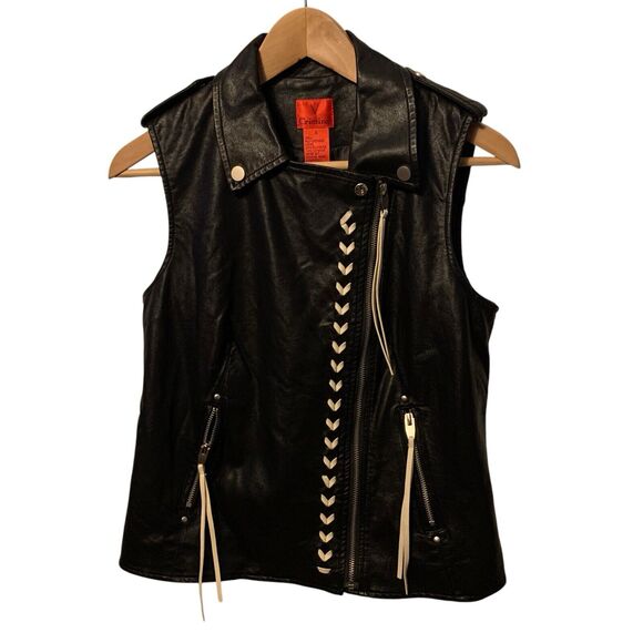 V Cristina Jackets & Blazers - V Cristina Black Faux Leather/Ivory Braided Laced Moto Vest Size Small
